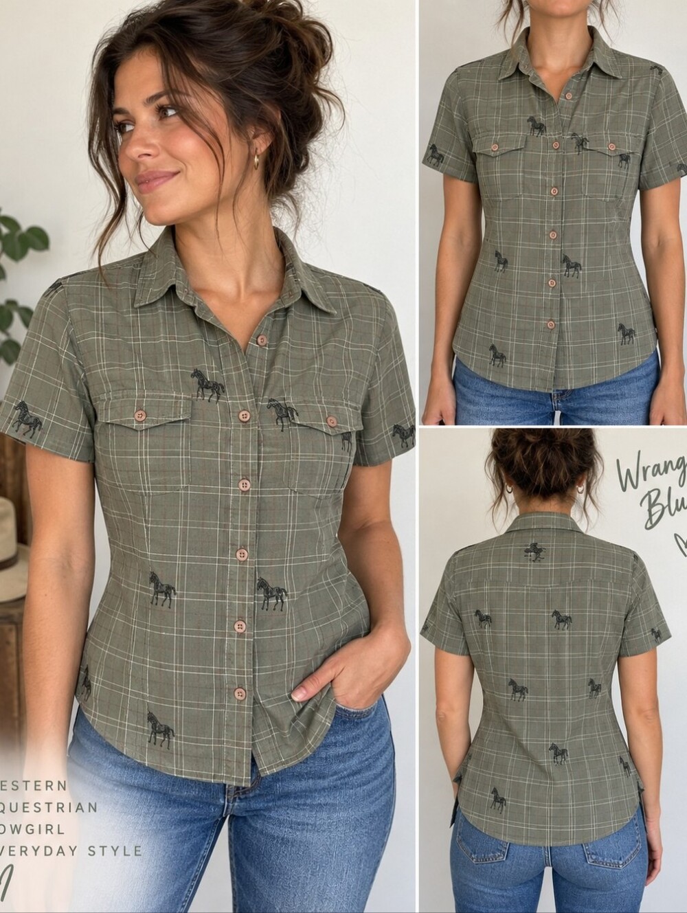 Wrangler Blues Women’s S Horse Print Plaid Equestrian Western Button Down Shirt